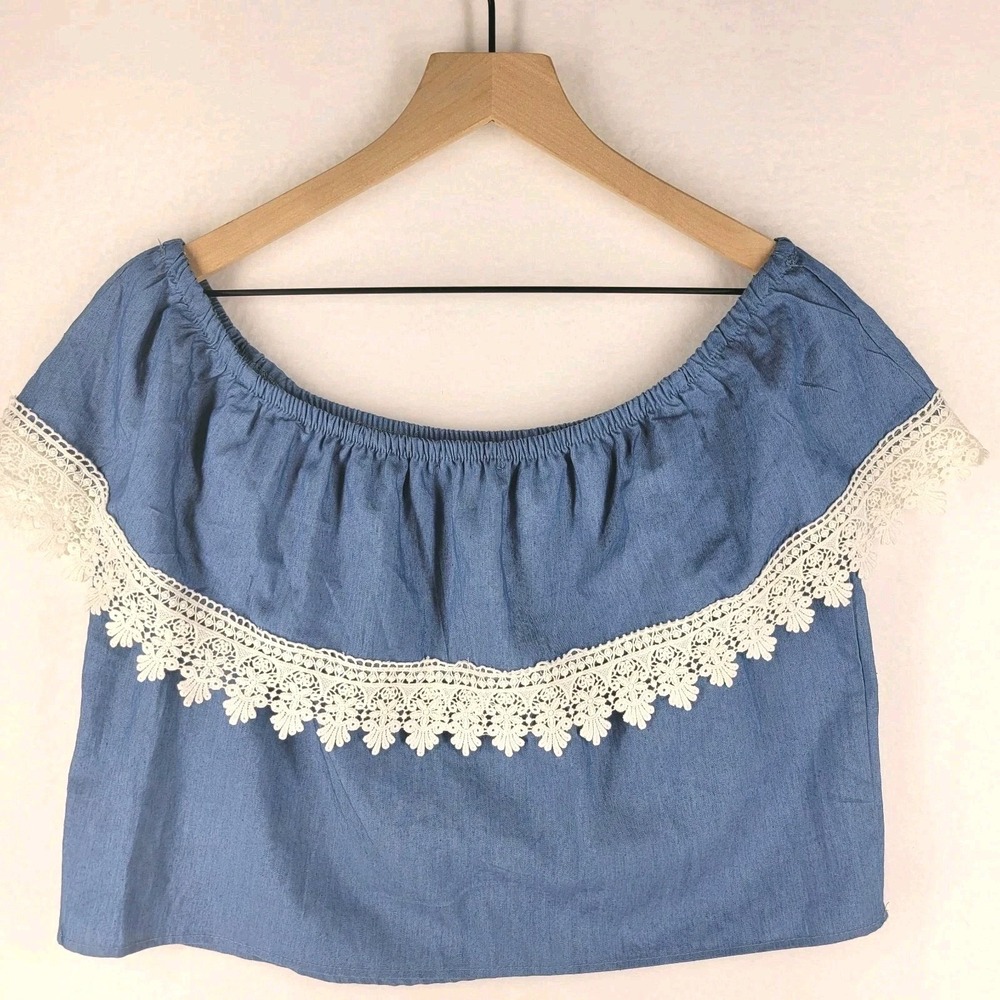NWT Papaya Chambray Off Shoulder Lace Crop Top Women's M Blue Boho Cottagecore